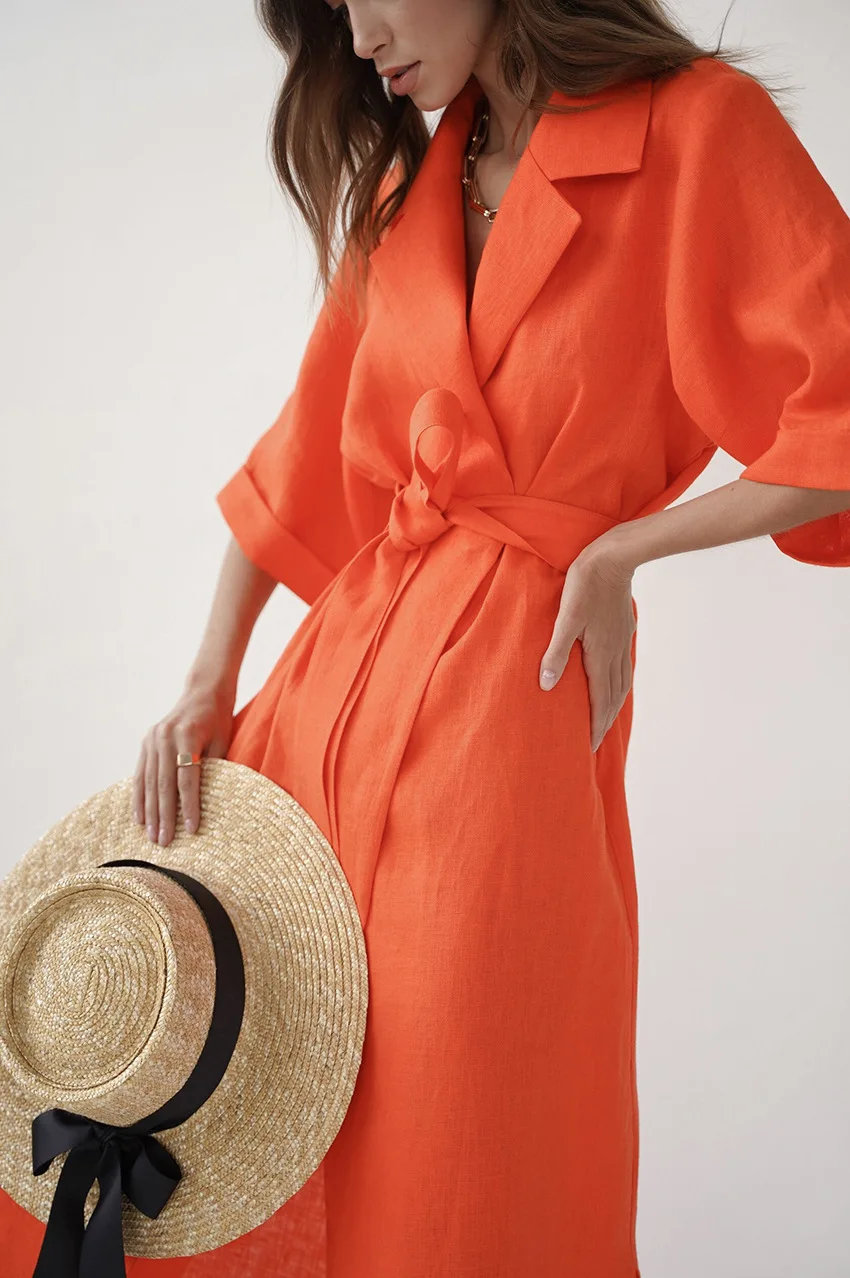 Cotton Linen Long Wrap Summer Dresses Woman Belt Lace Up Notched Office Women Dress A-Line Elegant Slit Dress Robe Femme