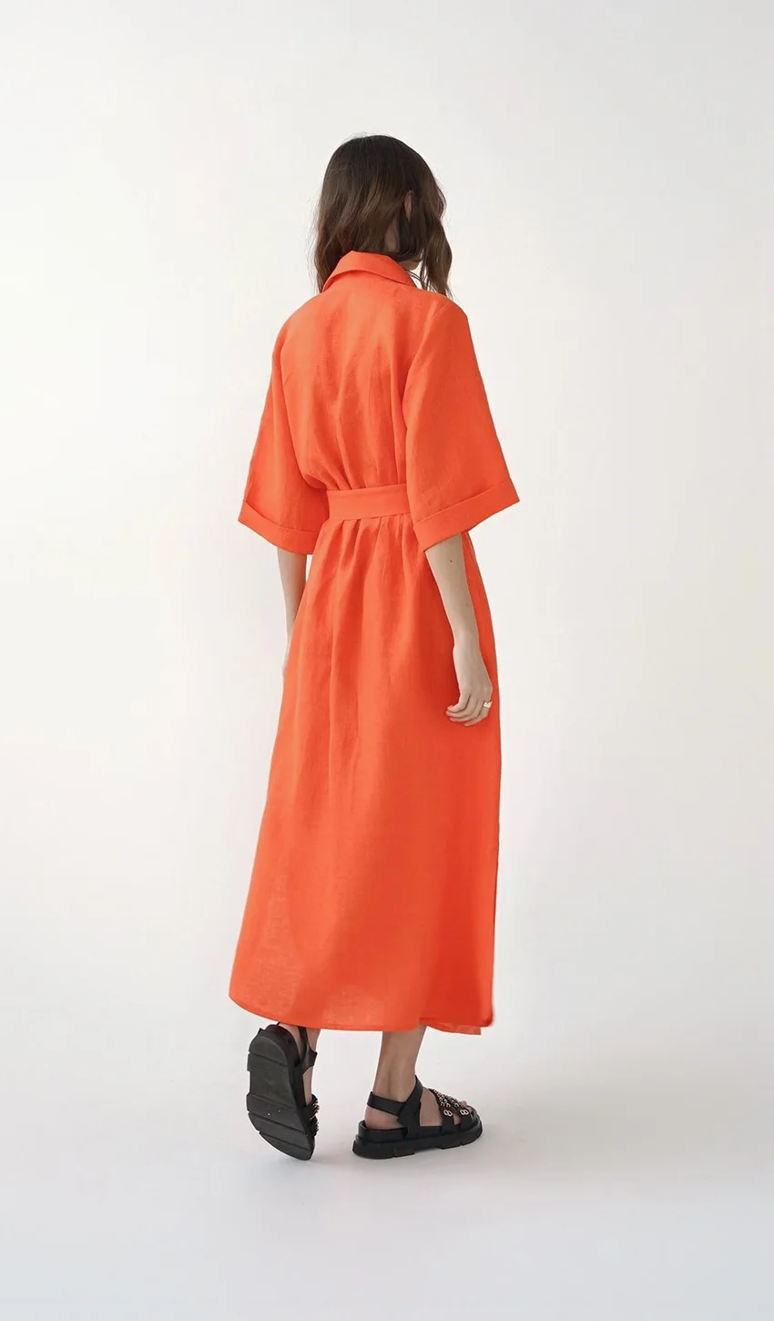 Cotton Linen Long Wrap Summer Dresses Woman Belt Lace Up Notched Office Women Dress A-Line Elegant Slit Dress Robe Femme