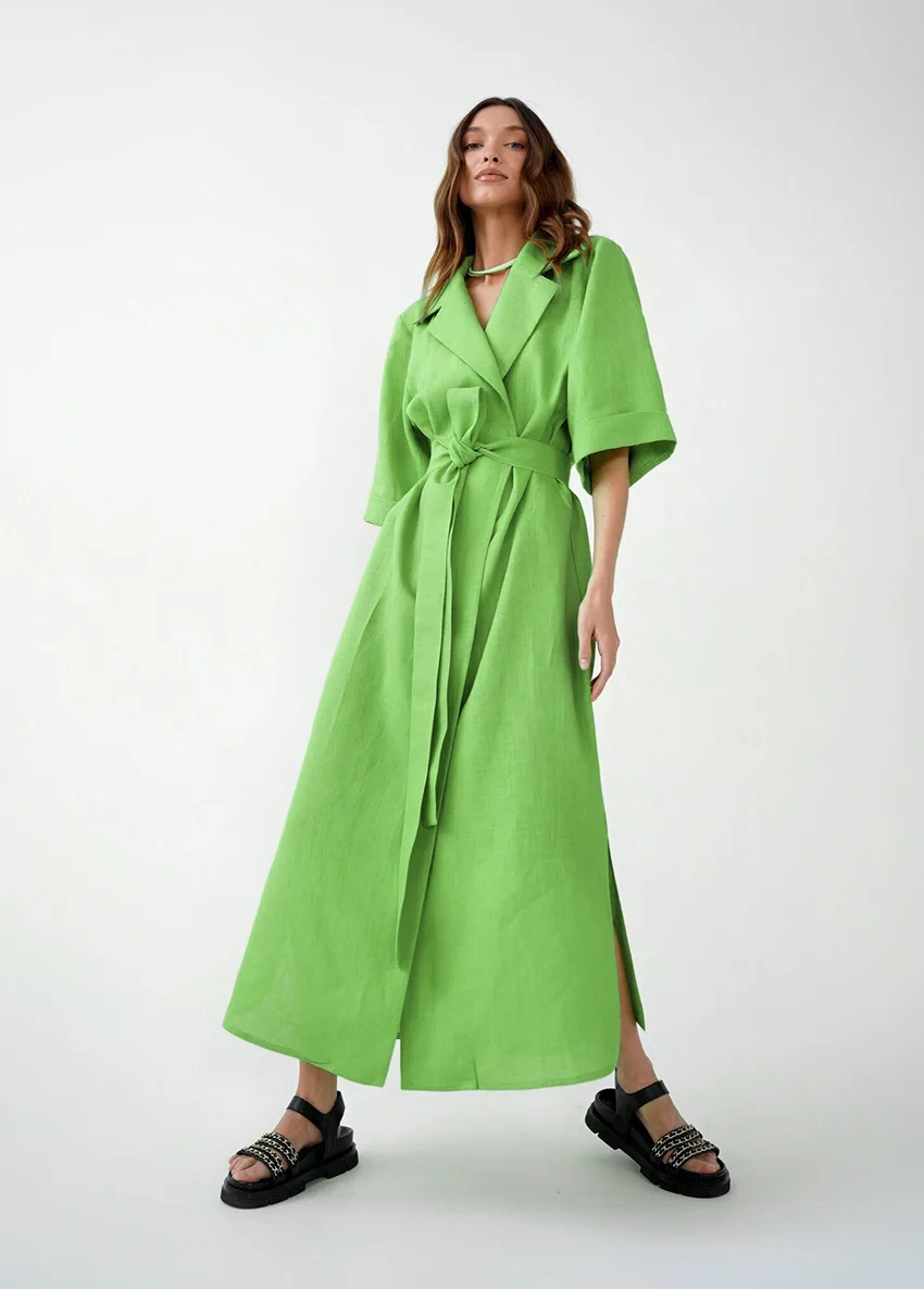 Cotton Linen Long Wrap Summer Dresses Woman Belt Lace Up Notched Office Women Dress A-Line Elegant Slit Dress Robe Femme