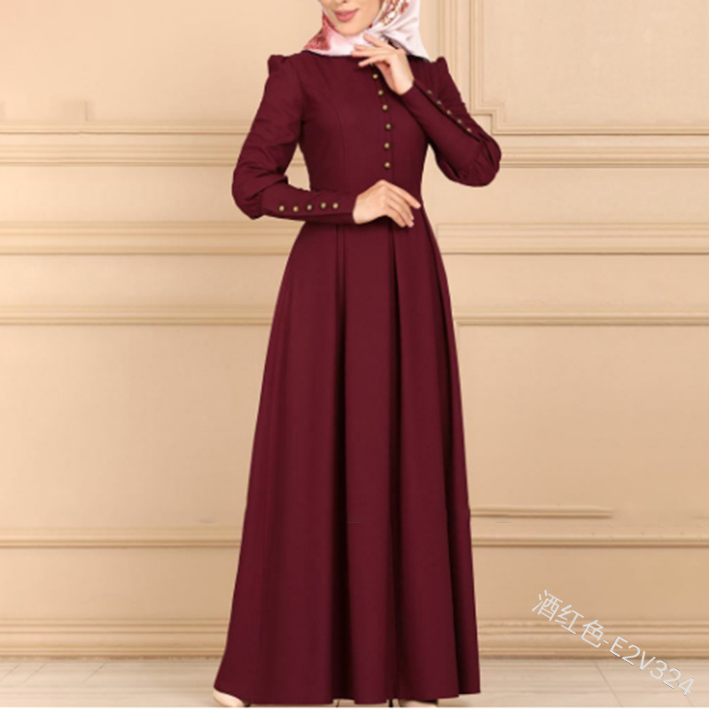 Muslim Abayat Dress for Women, Round Neck, Long Sleeve, Button Decoration, Simple, Versatile Cuffs, High Waist