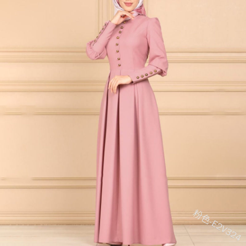 Muslim Abayat Dress for Women, Round Neck, Long Sleeve, Button Decoration, Simple, Versatile Cuffs, High Waist