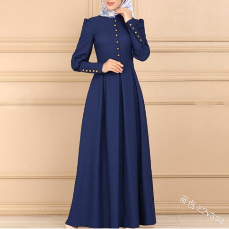 Muslim Abayat Dress for Women, Round Neck, Long Sleeve, Button Decoration, Simple, Versatile Cuffs, High Waist