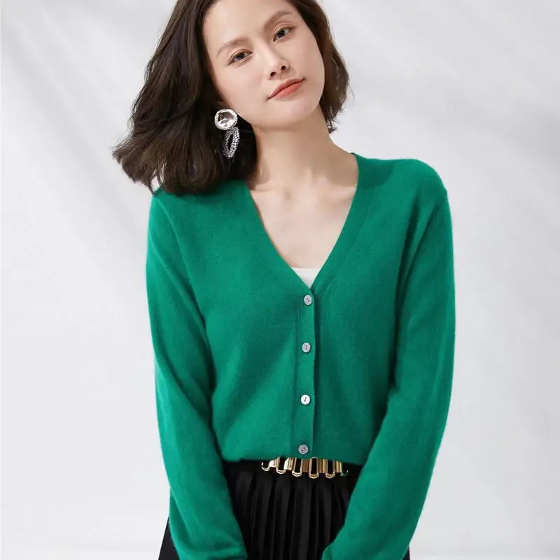 Cardigans Women 2025 Spring Autumn Knitwears Korean Fashion Cardigan Short Style Tops V-neck Knitted Outerwears Solid Sweaters