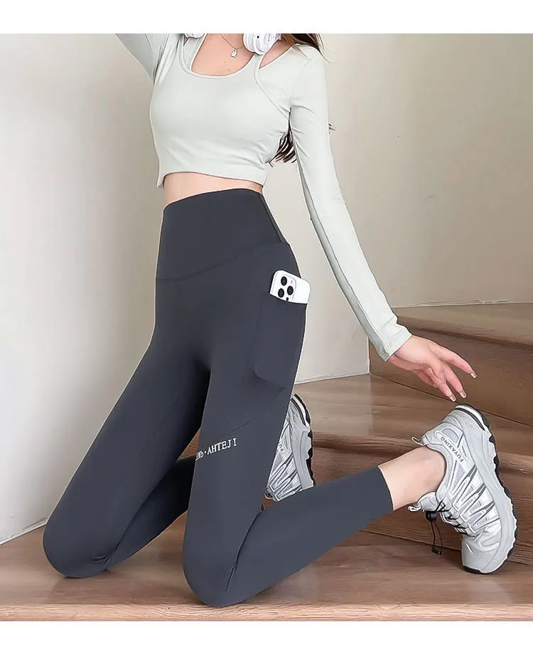 BIVIGAOS Autumn Winter Pocket Phone Shark Leggings Women High Waist Slim-Fit Sport Fitness Leggings Warm Fleece Leggings