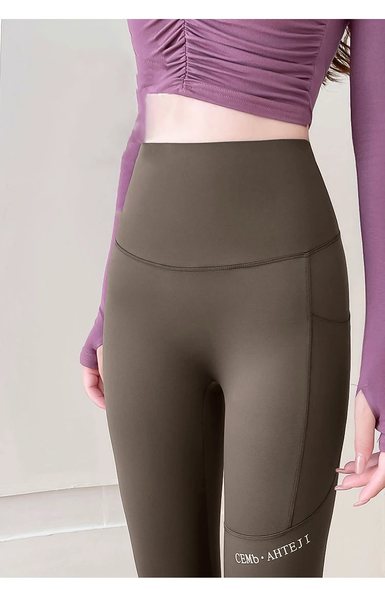 BIVIGAOS Autumn Winter Pocket Phone Shark Leggings Women High Waist Slim-Fit Sport Fitness Leggings Warm Fleece Leggings