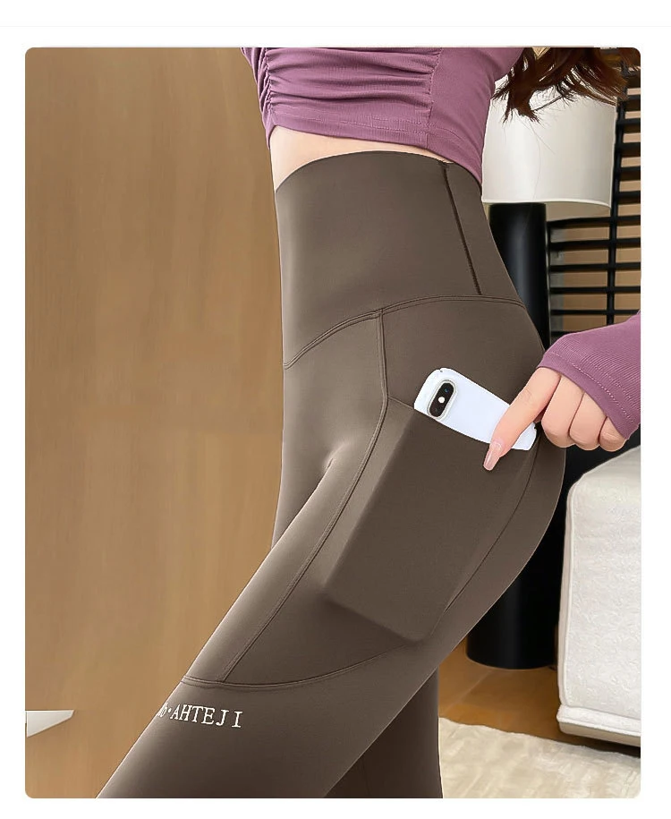 BIVIGAOS Autumn Winter Pocket Phone Shark Leggings Women High Waist Slim-Fit Sport Fitness Leggings Warm Fleece Leggings
