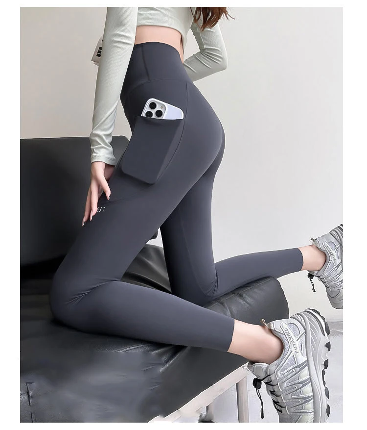 BIVIGAOS Autumn Winter Pocket Phone Shark Leggings Women High Waist Slim-Fit Sport Fitness Leggings Warm Fleece Leggings