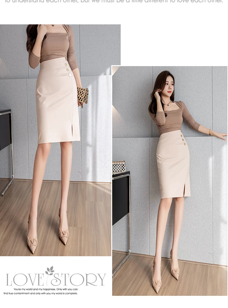 Elegant Mid Length Summer Skirts Women 2026 Korean Fashion High Waist Button Faldas Mujer OL Workwear Office Bodycon Black Skirt