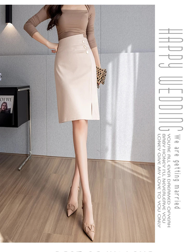 Elegant Mid Length Summer Skirts Women 2026 Korean Fashion High Waist Button Faldas Mujer OL Workwear Office Bodycon Black Skirt