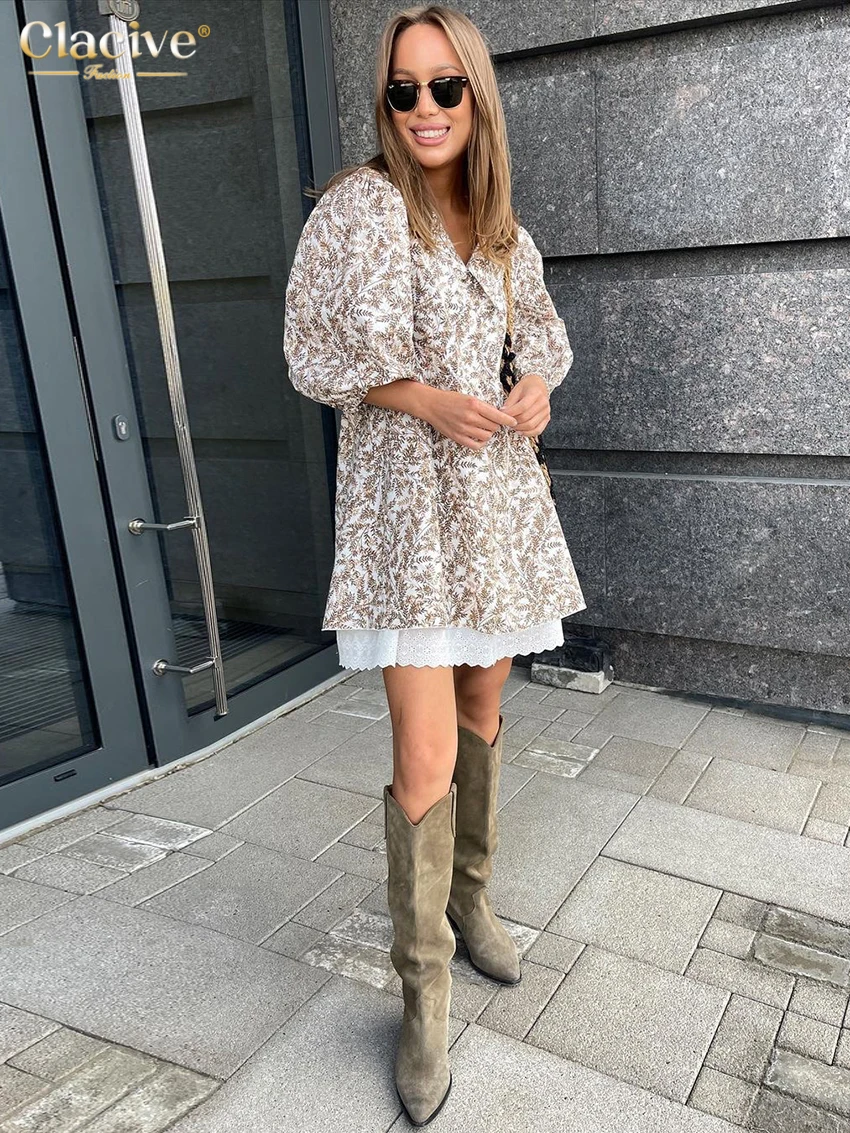 Clacive Summer Loose Print Women'S Dress 2023 Fashion Lapel Short Puff Sleeve Mini Dresses Elegant Lace Patchwork Female Dress