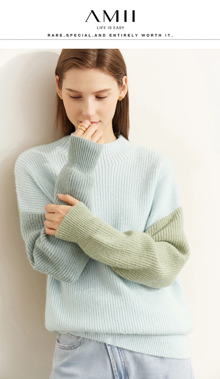 AMII Minimalism Sweaters Women 2024 Autumn Street Wear Spliced Knitted Top Drop Sleeve Loose Full Pullovers Sweaters 12344144