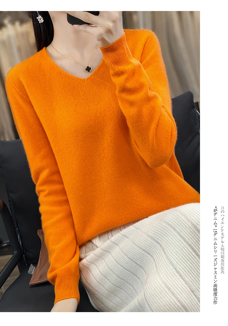 100% Pure Merino Wool Sweater Women V-neck Pullover Autumn /winter Casual Knit Tops Solid Color Regular Female Jacket Hot