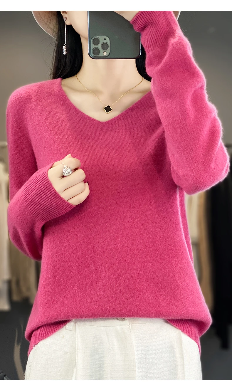 100% Pure Merino Wool Sweater Women V-neck Pullover Autumn /winter Casual Knit Tops Solid Color Regular Female Jacket Hot