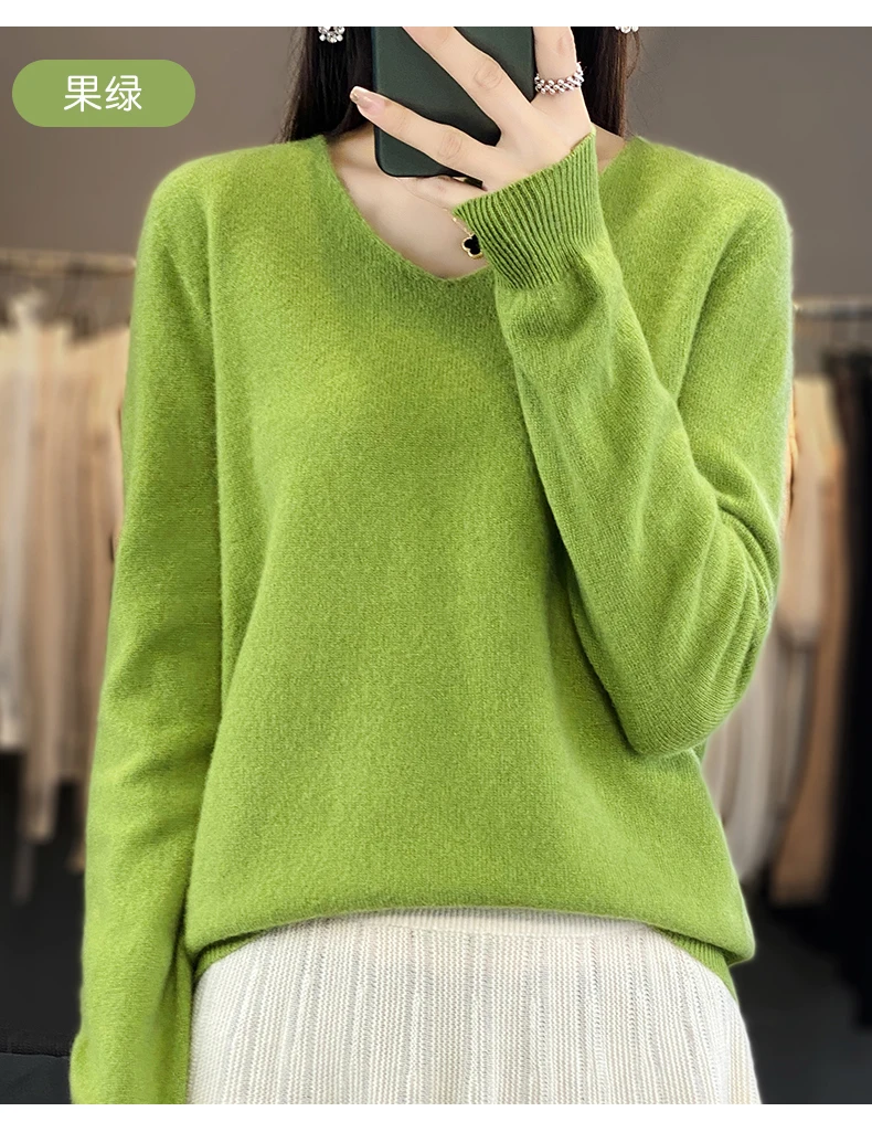 100% Pure Merino Wool Sweater Women V-neck Pullover Autumn /winter Casual Knit Tops Solid Color Regular Female Jacket Hot