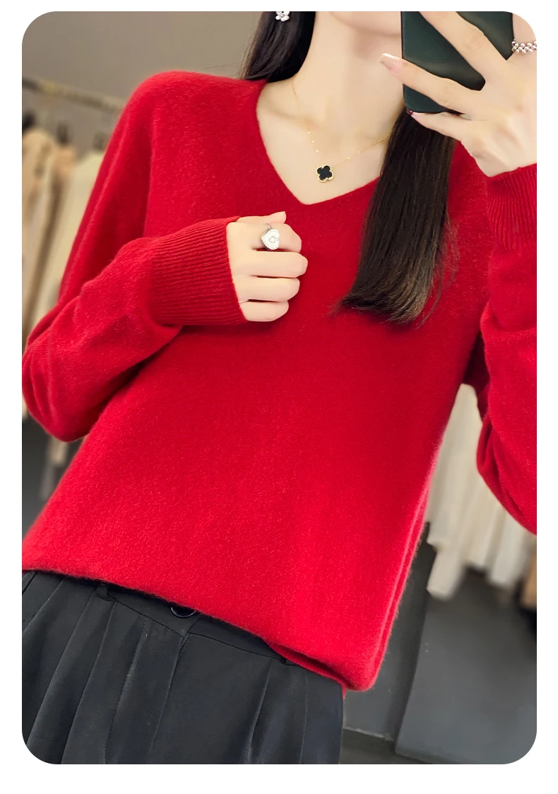 100% Pure Merino Wool Sweater Women V-neck Pullover Autumn /winter Casual Knit Tops Solid Color Regular Female Jacket Hot