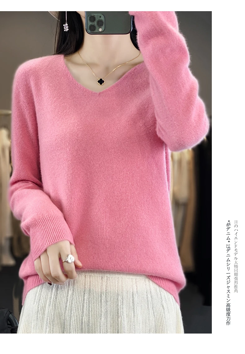 100% Pure Merino Wool Sweater Women V-neck Pullover Autumn /winter Casual Knit Tops Solid Color Regular Female Jacket Hot