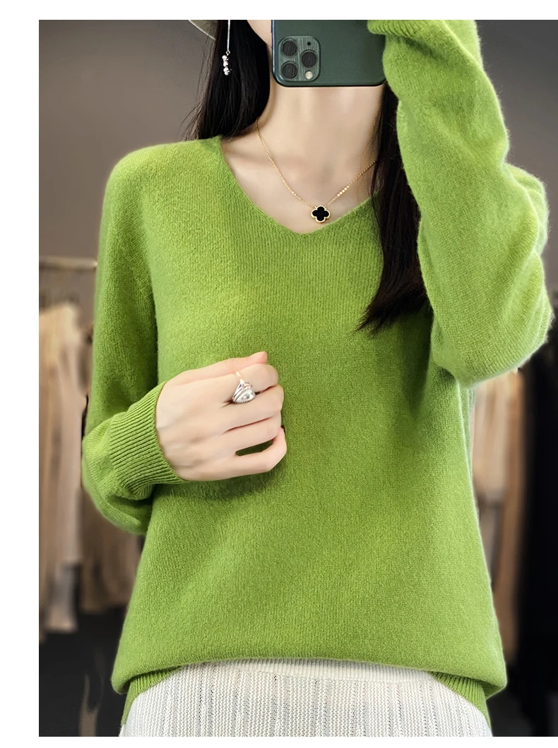 100% Pure Merino Wool Sweater Women V-neck Pullover Autumn /winter Casual Knit Tops Solid Color Regular Female Jacket Hot