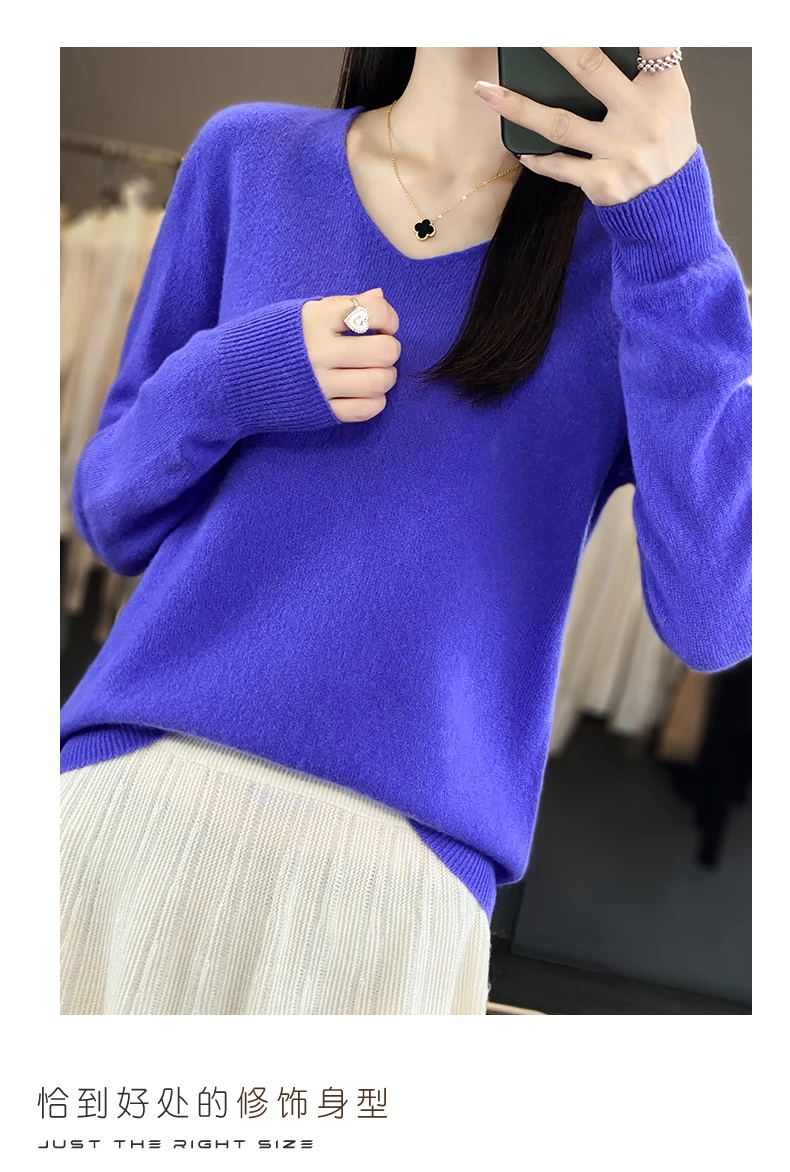 100% Pure Merino Wool Sweater Women V-neck Pullover Autumn /winter Casual Knit Tops Solid Color Regular Female Jacket Hot