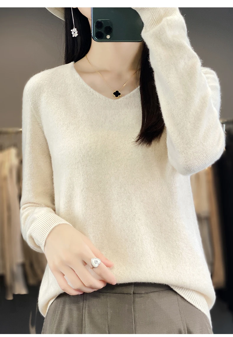 100% Pure Merino Wool Sweater Women V-neck Pullover Autumn /winter Casual Knit Tops Solid Color Regular Female Jacket Hot