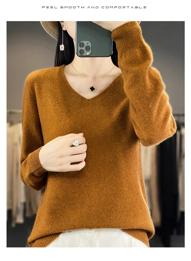 100% Pure Merino Wool Sweater Women V-neck Pullover Autumn /winter Casual Knit Tops Solid Color Regular Female Jacket Hot
