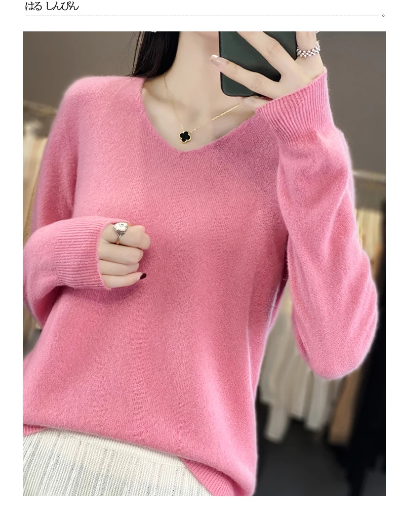 100% Pure Merino Wool Sweater Women V-neck Pullover Autumn /winter Casual Knit Tops Solid Color Regular Female Jacket Hot