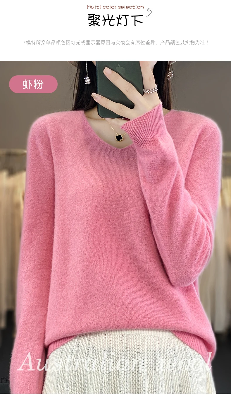 100% Pure Merino Wool Sweater Women V-neck Pullover Autumn /winter Casual Knit Tops Solid Color Regular Female Jacket Hot