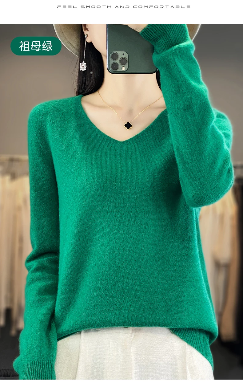 100% Pure Merino Wool Sweater Women V-neck Pullover Autumn /winter Casual Knit Tops Solid Color Regular Female Jacket Hot