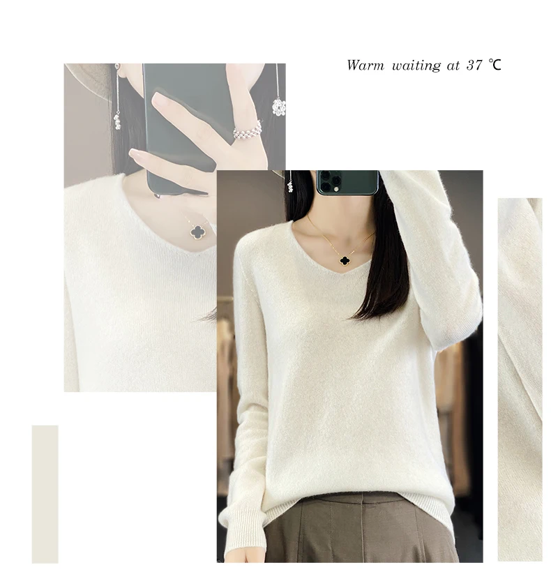 100% Pure Merino Wool Sweater Women V-neck Pullover Autumn /winter Casual Knit Tops Solid Color Regular Female Jacket Hot