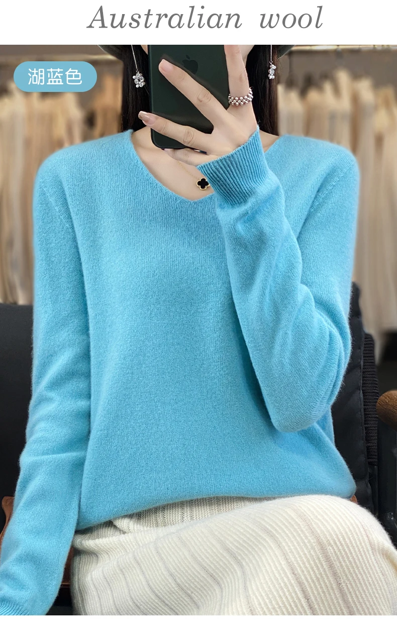 100% Pure Merino Wool Sweater Women V-neck Pullover Autumn /winter Casual Knit Tops Solid Color Regular Female Jacket Hot