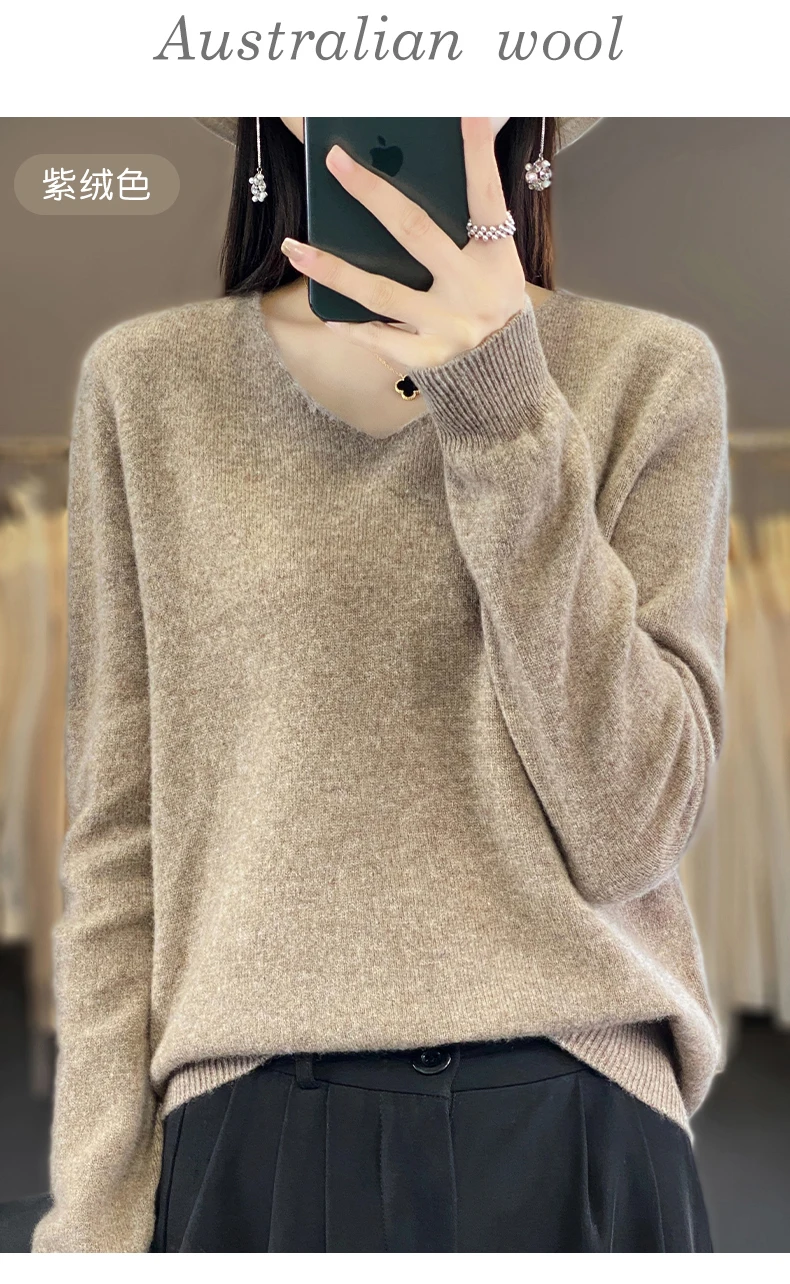 100% Pure Merino Wool Sweater Women V-neck Pullover Autumn /winter Casual Knit Tops Solid Color Regular Female Jacket Hot