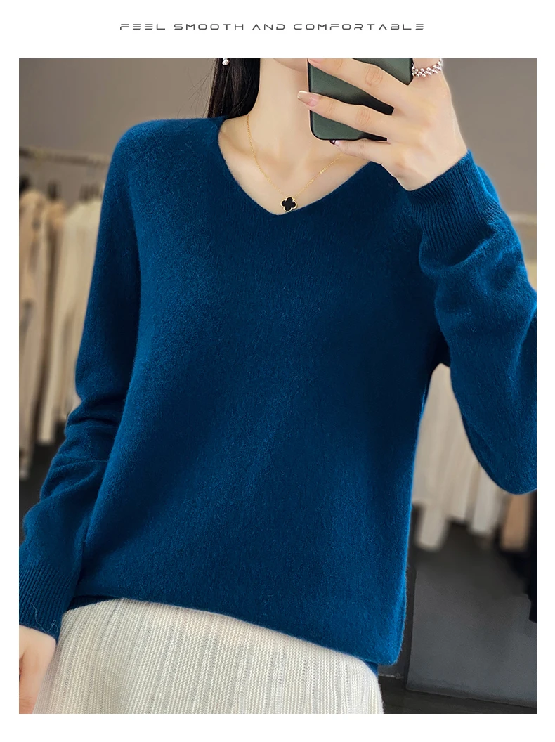 100% Pure Merino Wool Sweater Women V-neck Pullover Autumn /winter Casual Knit Tops Solid Color Regular Female Jacket Hot