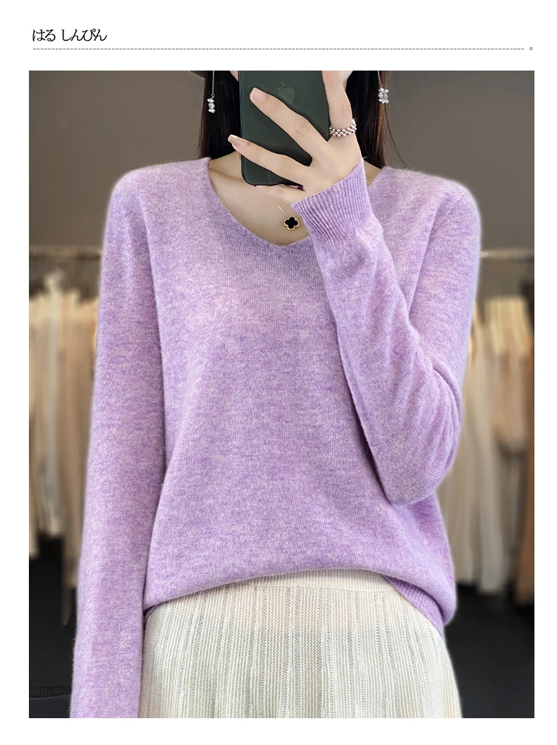 100% Pure Merino Wool Sweater Women V-neck Pullover Autumn /winter Casual Knit Tops Solid Color Regular Female Jacket Hot