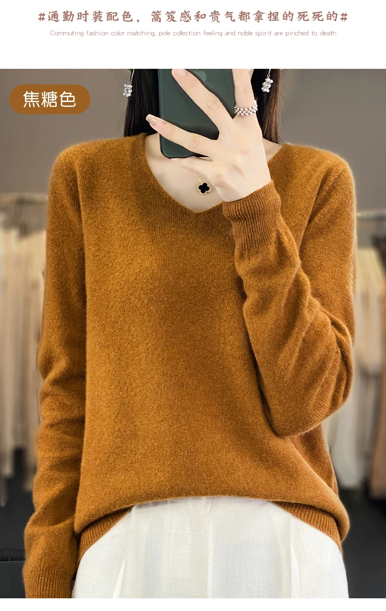 100% Pure Merino Wool Sweater Women V-neck Pullover Autumn /winter Casual Knit Tops Solid Color Regular Female Jacket Hot