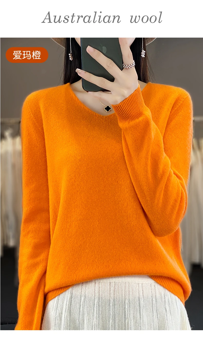 100% Pure Merino Wool Sweater Women V-neck Pullover Autumn /winter Casual Knit Tops Solid Color Regular Female Jacket Hot