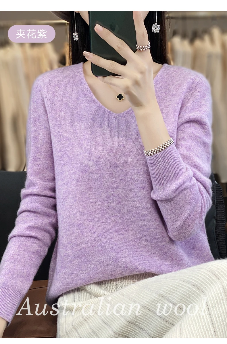 100% Pure Merino Wool Sweater Women V-neck Pullover Autumn /winter Casual Knit Tops Solid Color Regular Female Jacket Hot