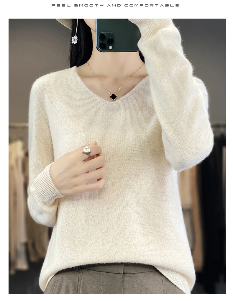 100% Pure Merino Wool Sweater Women V-neck Pullover Autumn /winter Casual Knit Tops Solid Color Regular Female Jacket Hot