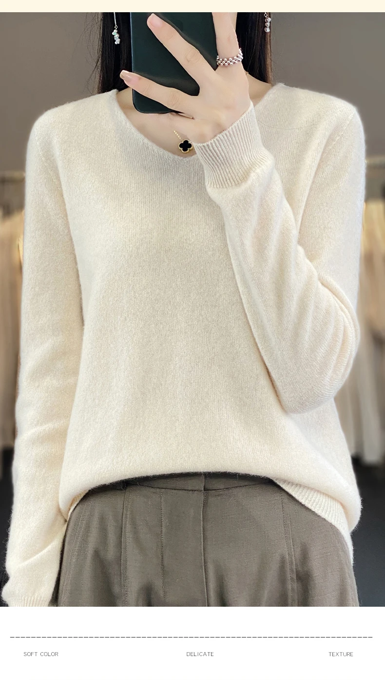 100% Pure Merino Wool Sweater Women V-neck Pullover Autumn /winter Casual Knit Tops Solid Color Regular Female Jacket Hot