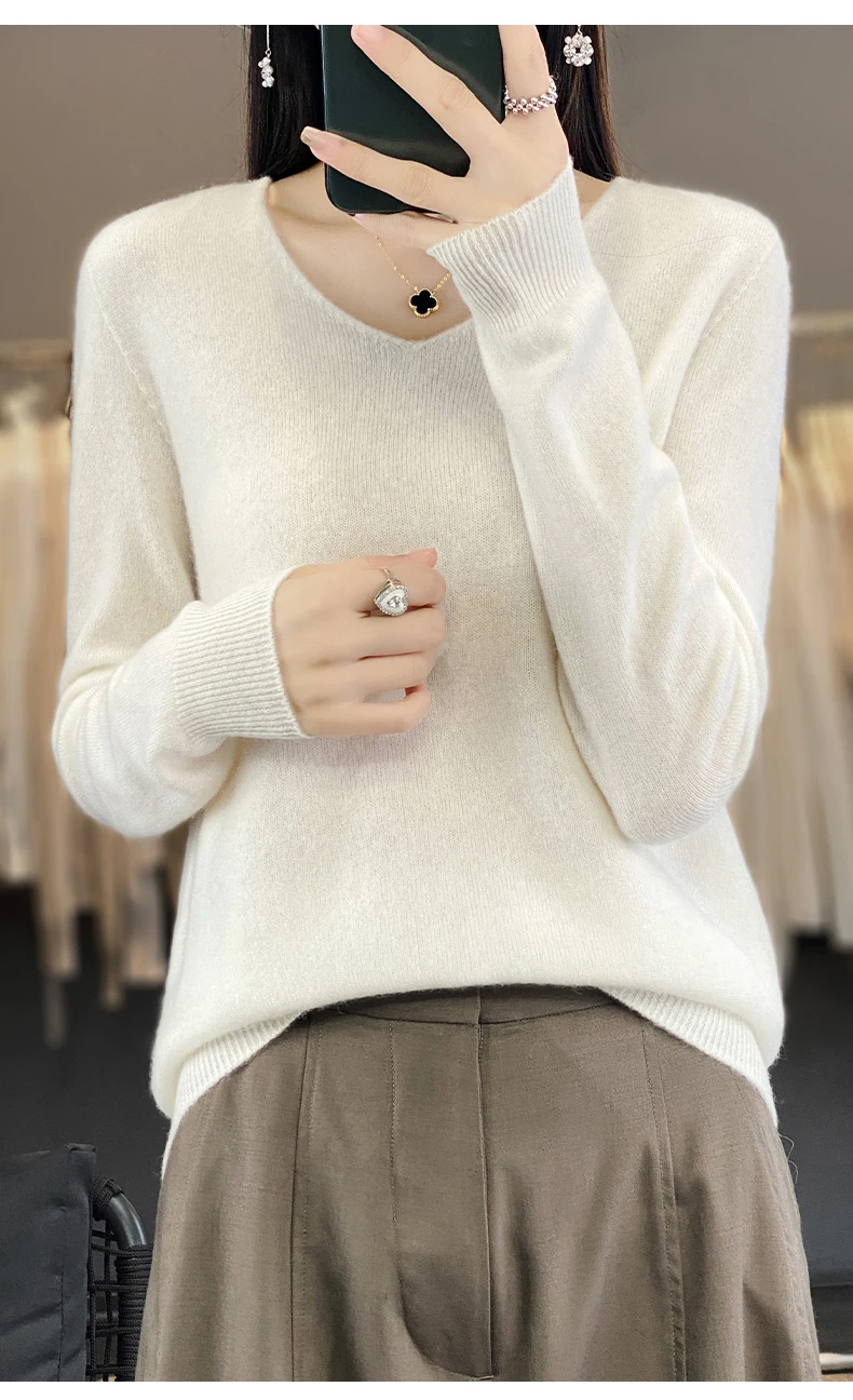 100% Pure Merino Wool Sweater Women V-neck Pullover Autumn /winter Casual Knit Tops Solid Color Regular Female Jacket Hot