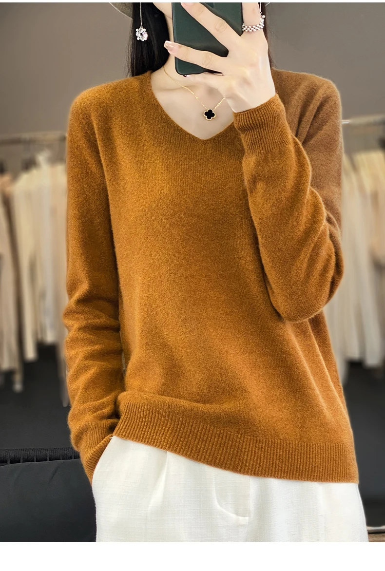 100% Pure Merino Wool Sweater Women V-neck Pullover Autumn /winter Casual Knit Tops Solid Color Regular Female Jacket Hot