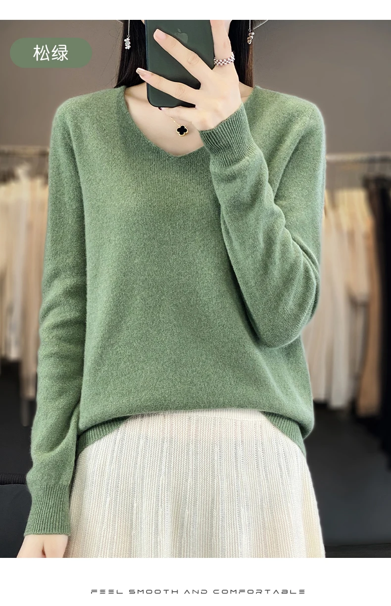 100% Pure Merino Wool Sweater Women V-neck Pullover Autumn /winter Casual Knit Tops Solid Color Regular Female Jacket Hot