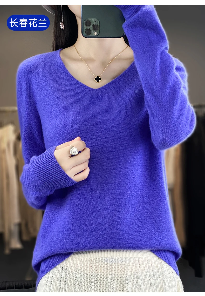 100% Pure Merino Wool Sweater Women V-neck Pullover Autumn /winter Casual Knit Tops Solid Color Regular Female Jacket Hot