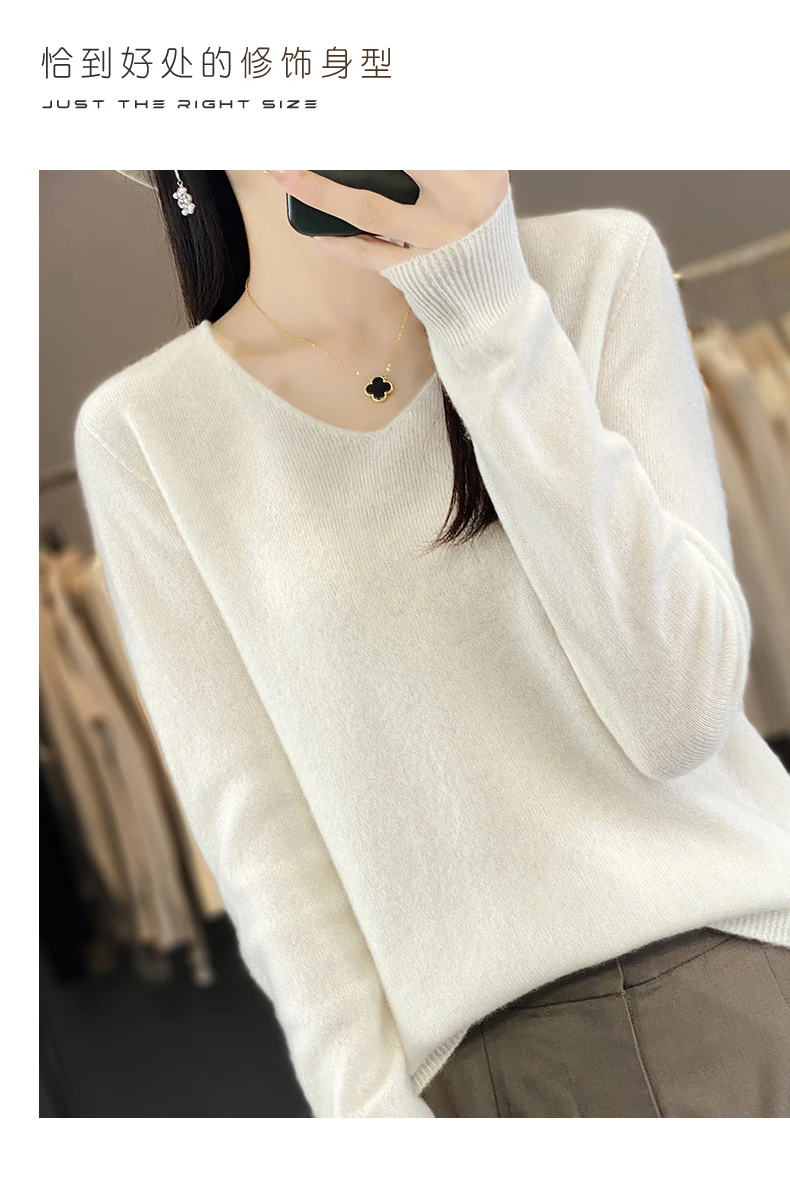 100% Pure Merino Wool Sweater Women V-neck Pullover Autumn /winter Casual Knit Tops Solid Color Regular Female Jacket Hot