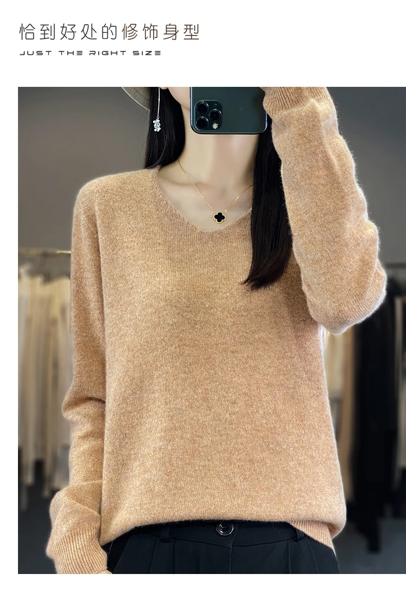100% Pure Merino Wool Sweater Women V-neck Pullover Autumn /winter Casual Knit Tops Solid Color Regular Female Jacket Hot