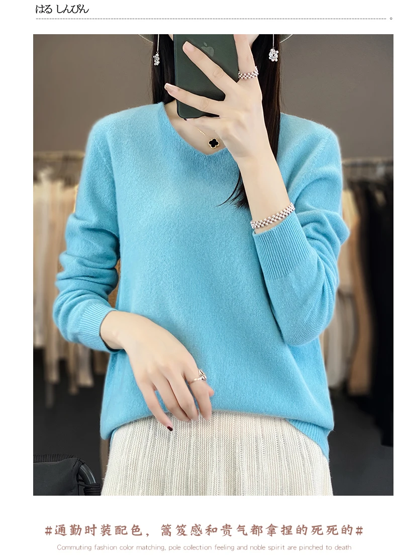 100% Pure Merino Wool Sweater Women V-neck Pullover Autumn /winter Casual Knit Tops Solid Color Regular Female Jacket Hot
