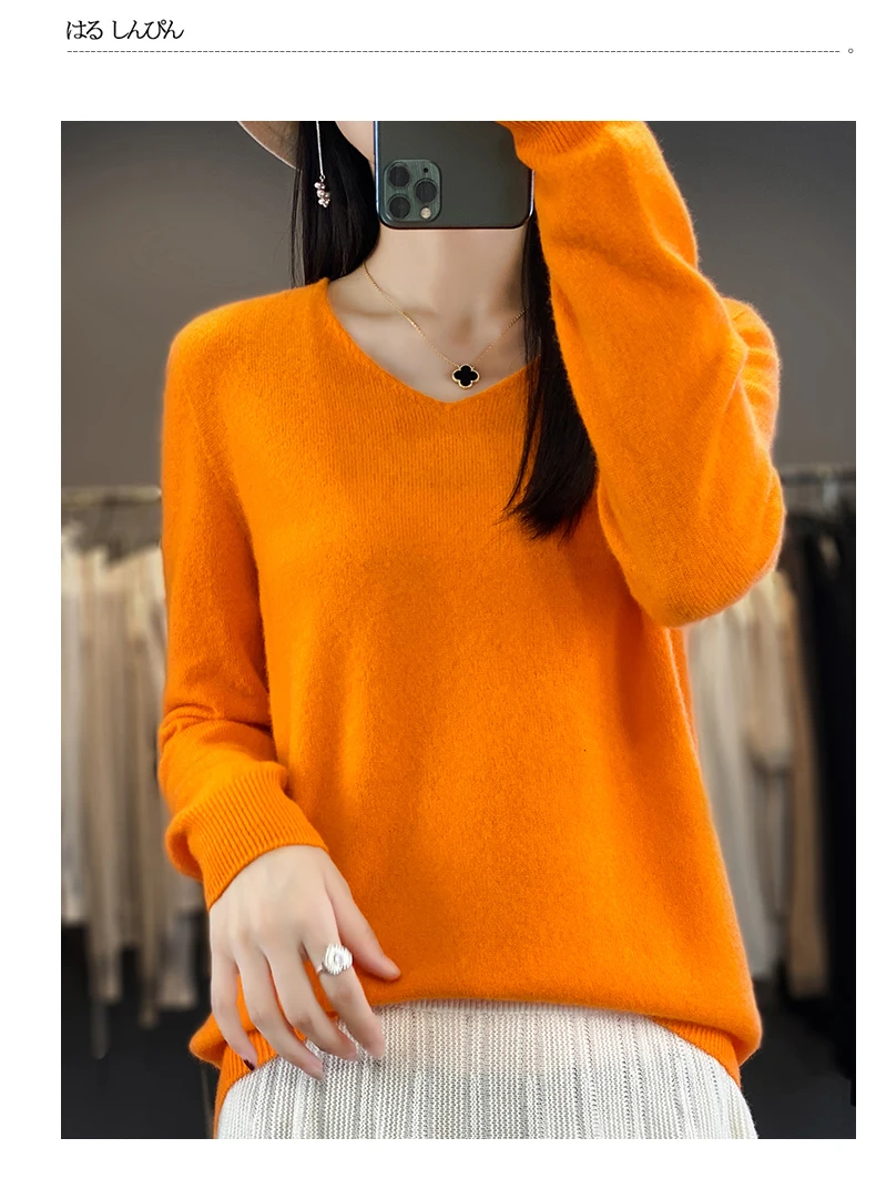 100% Pure Merino Wool Sweater Women V-neck Pullover Autumn /winter Casual Knit Tops Solid Color Regular Female Jacket Hot