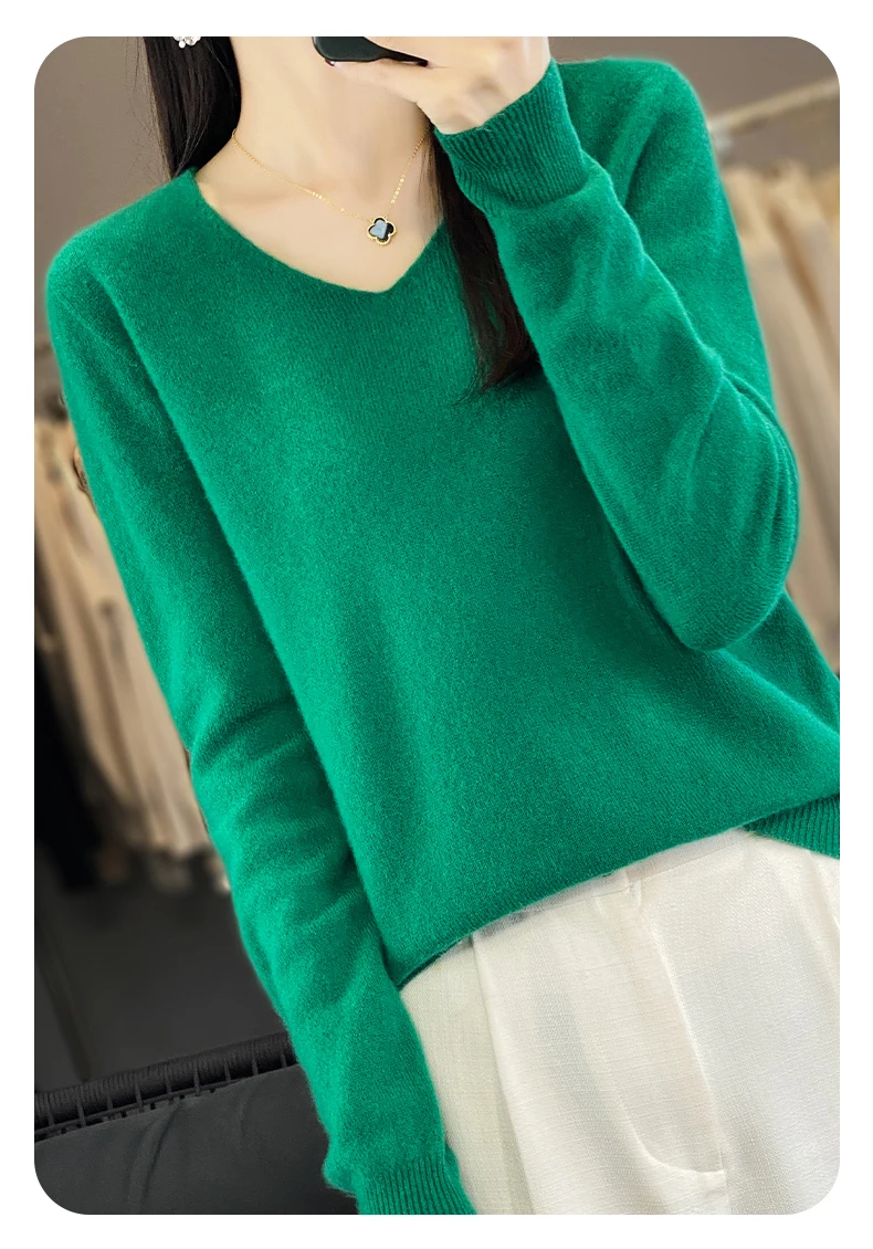 100% Pure Merino Wool Sweater Women V-neck Pullover Autumn /winter Casual Knit Tops Solid Color Regular Female Jacket Hot
