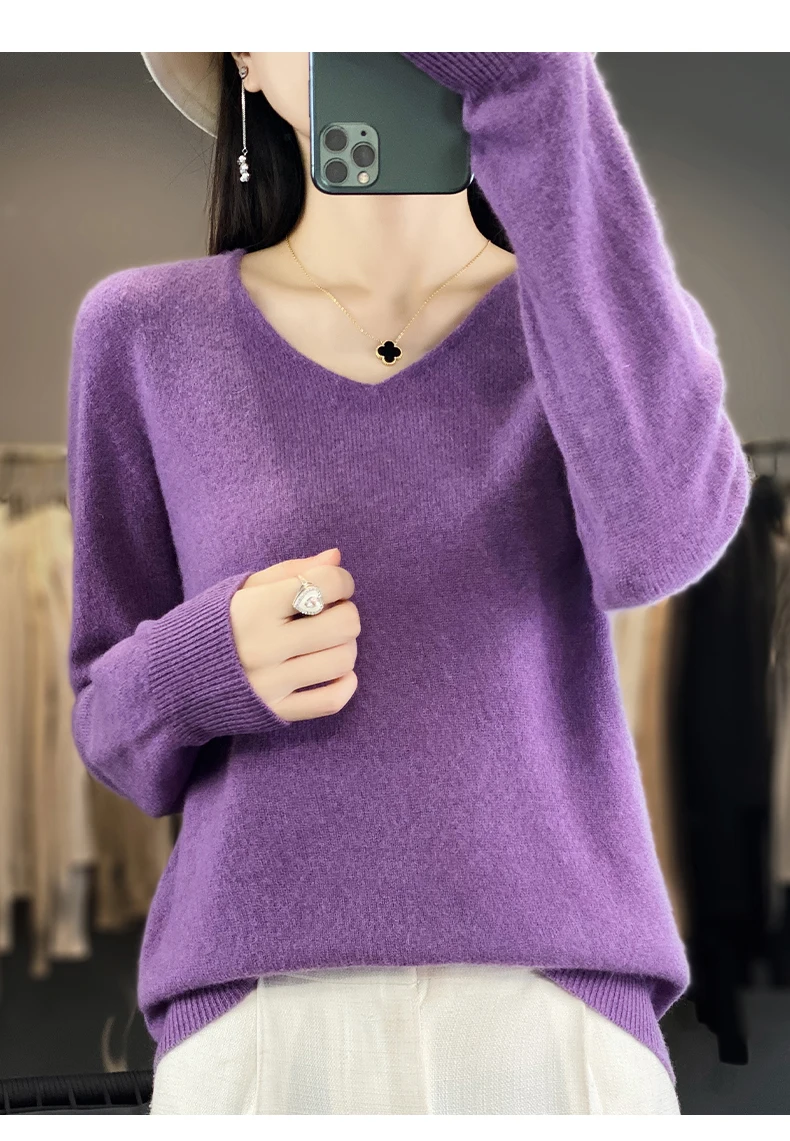 100% Pure Merino Wool Sweater Women V-neck Pullover Autumn /winter Casual Knit Tops Solid Color Regular Female Jacket Hot