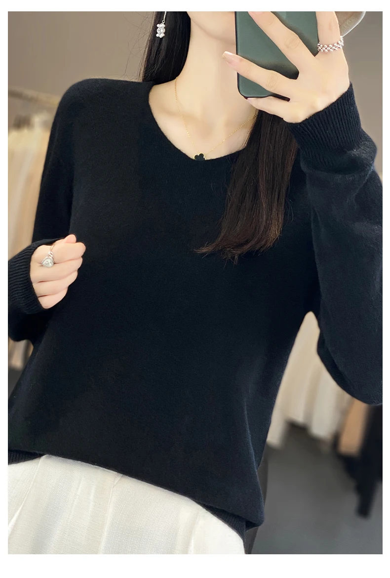 100% Pure Merino Wool Sweater Women V-neck Pullover Autumn /winter Casual Knit Tops Solid Color Regular Female Jacket Hot