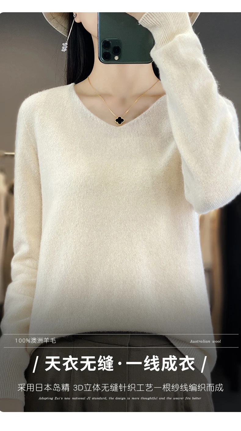 100% Pure Merino Wool Sweater Women V-neck Pullover Autumn /winter Casual Knit Tops Solid Color Regular Female Jacket Hot