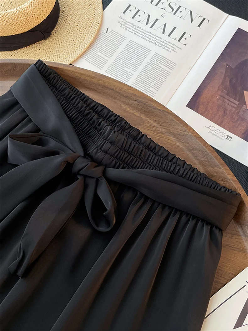 High Waist Ice Silk Acetate Wide Leg Pants for Women Summer Loose Silk Satin Long Maxi Trousers Spring Lace Up Plus Size Pants